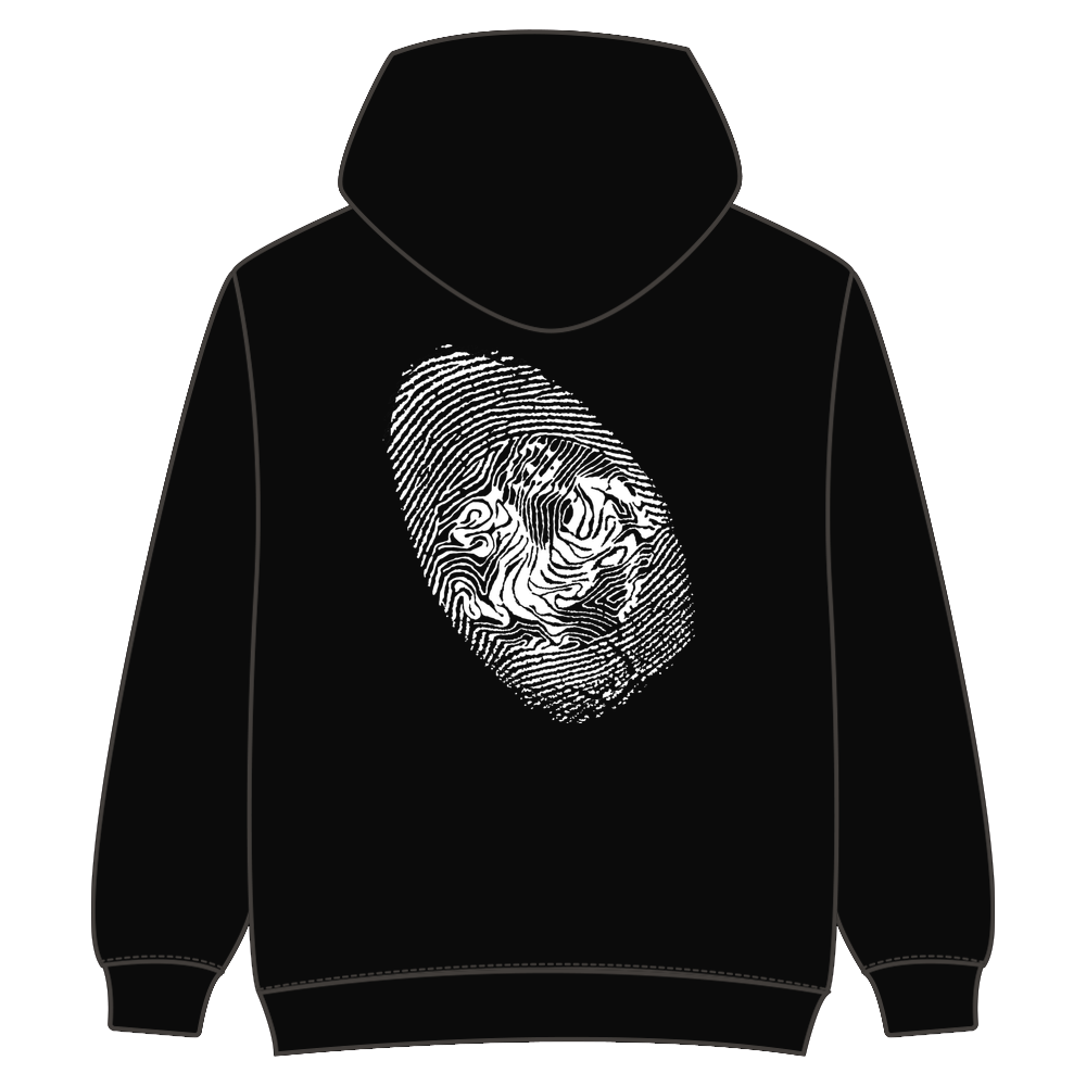 Hoodie: Front small middle text (dark red) + back big graphic logo (white)