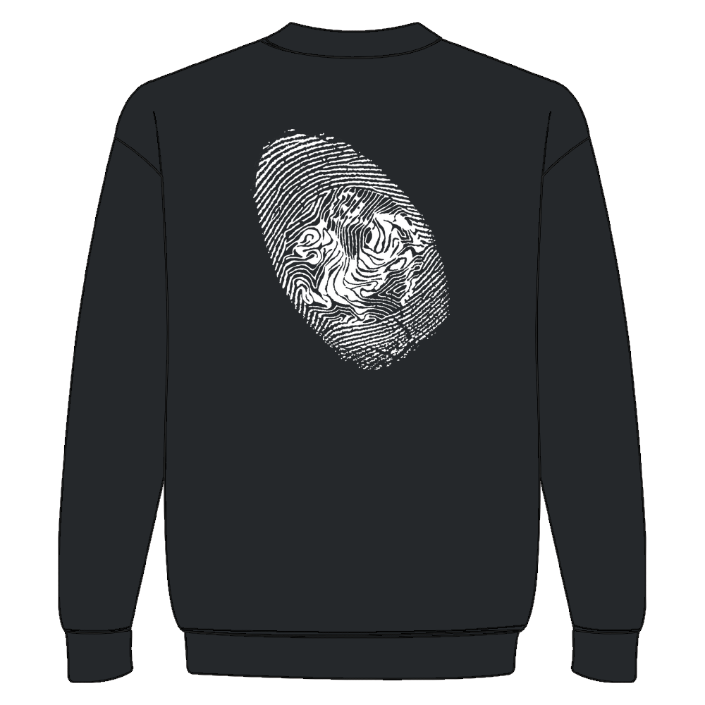 Sweatshirt : Front small middle text (dark red) + back big graphic logo (white)