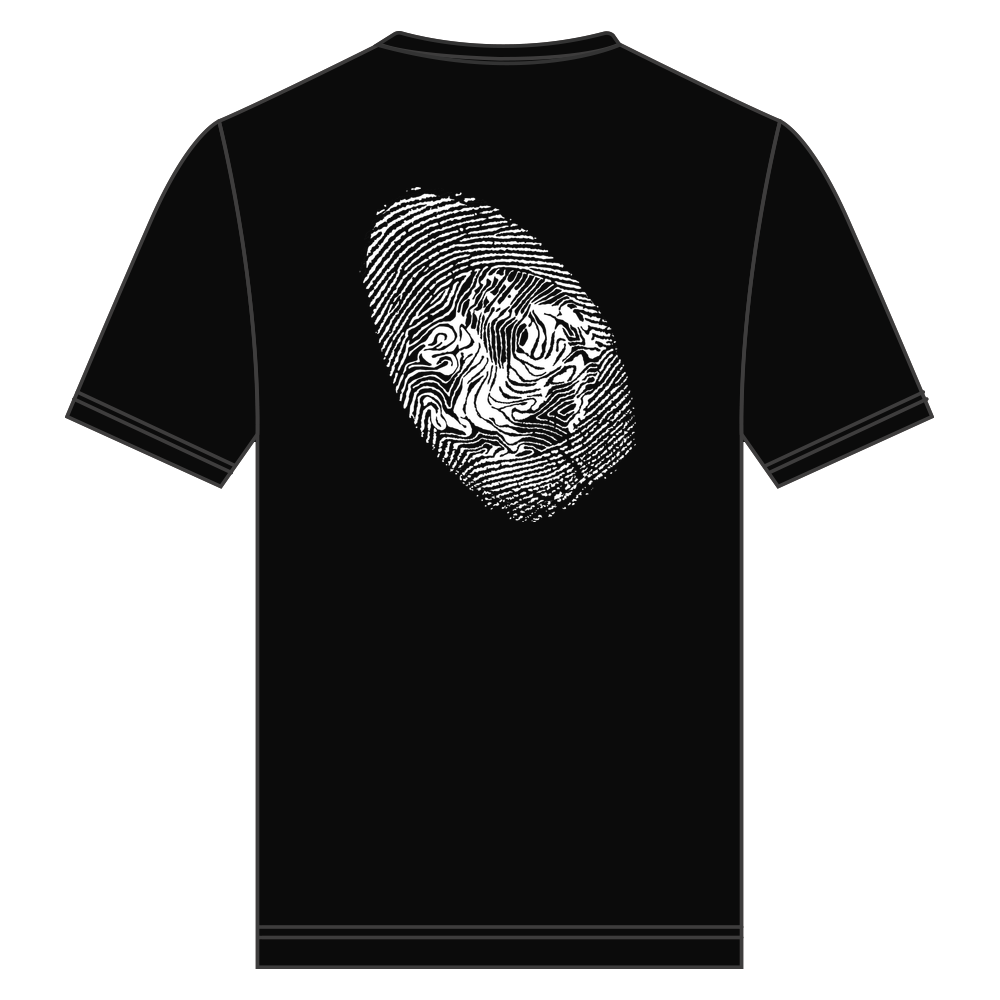 T-shirt : Front small text (dark red) small graphic logo (white) + back big graphic logo (white)