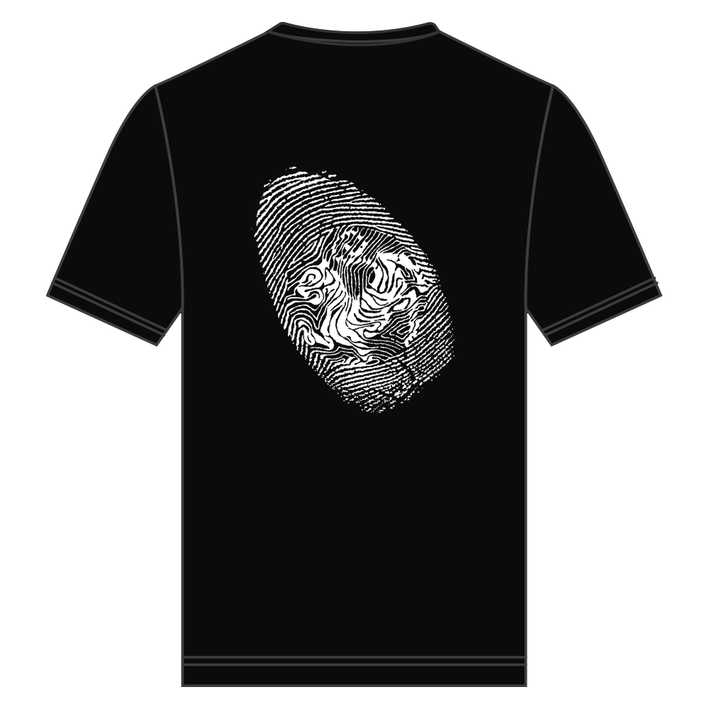 T-Shirt : Front small middle text (dark red) + back big graphic logo (white)