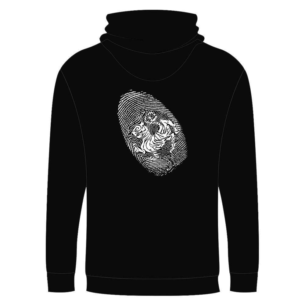 Hoodie : Front small text (dark red) small graphic logo (white) + back big graphic logo (white)
