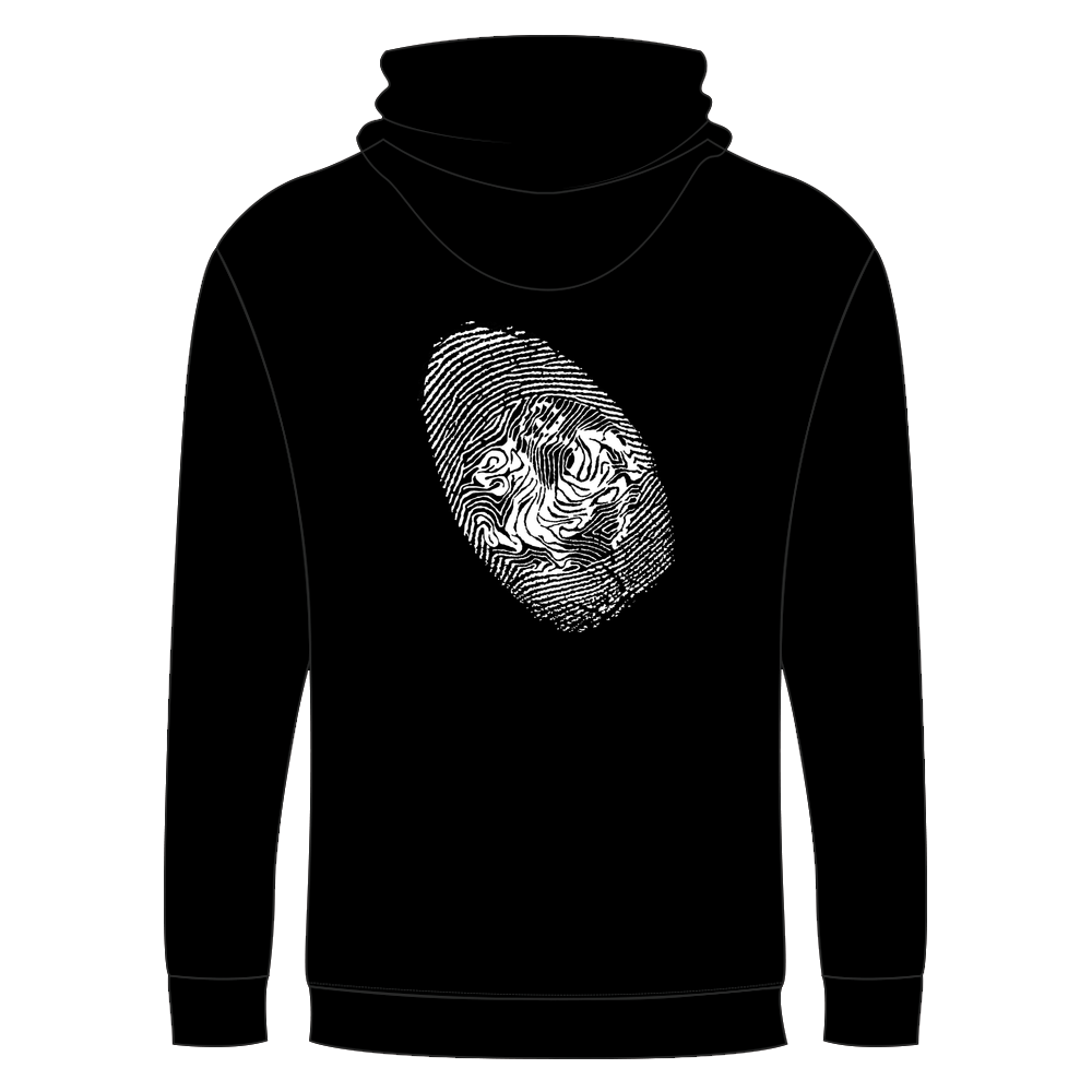 Hoodie : Front small text (dark red) small graphic logo (white) + back big graphic logo (white)